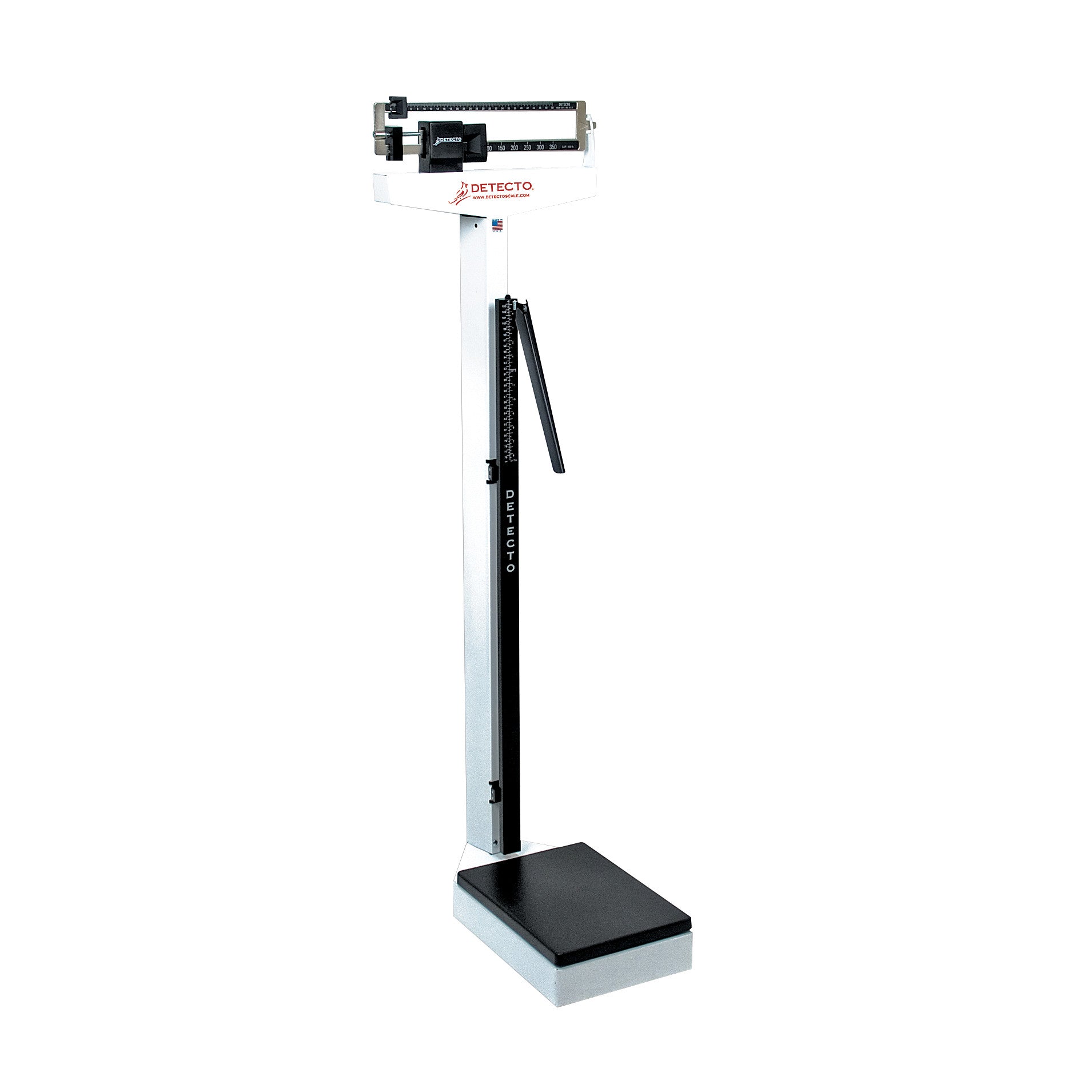 A DETECTO Mechanical Balance Beam Scale, featuring a tall, upright design with a black platform and adjustable height rod.