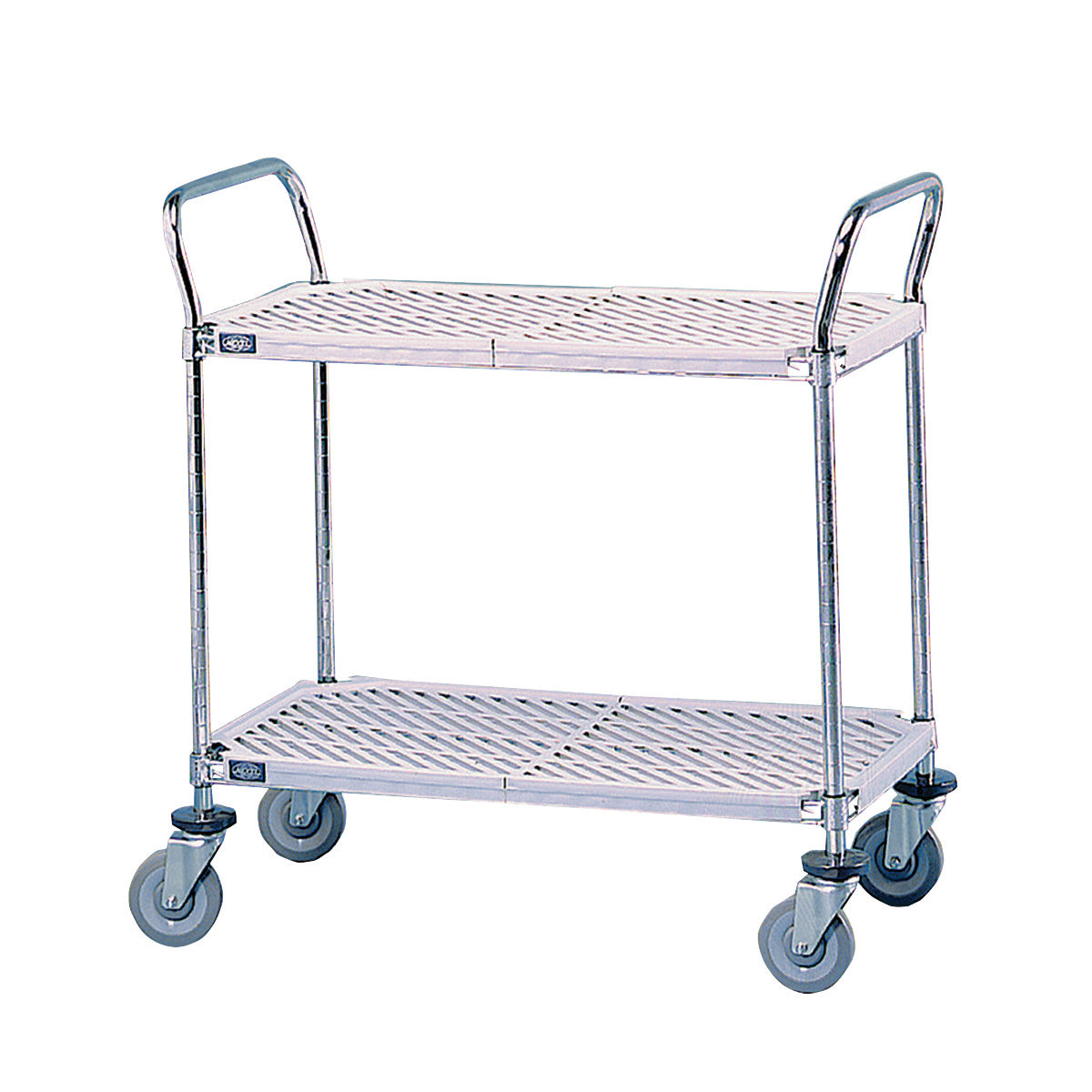 Nexel Nexelite Utility Cart with two perforated metal shelves, chrome handles, and four swivel casters for mobility.