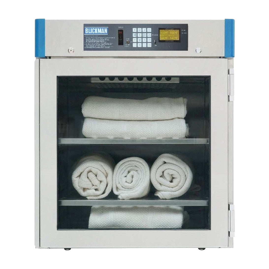 Blickman 2-Shelf Digital Warming Cabinet with a glass front, displaying neatly arranged white towels on two shelves.