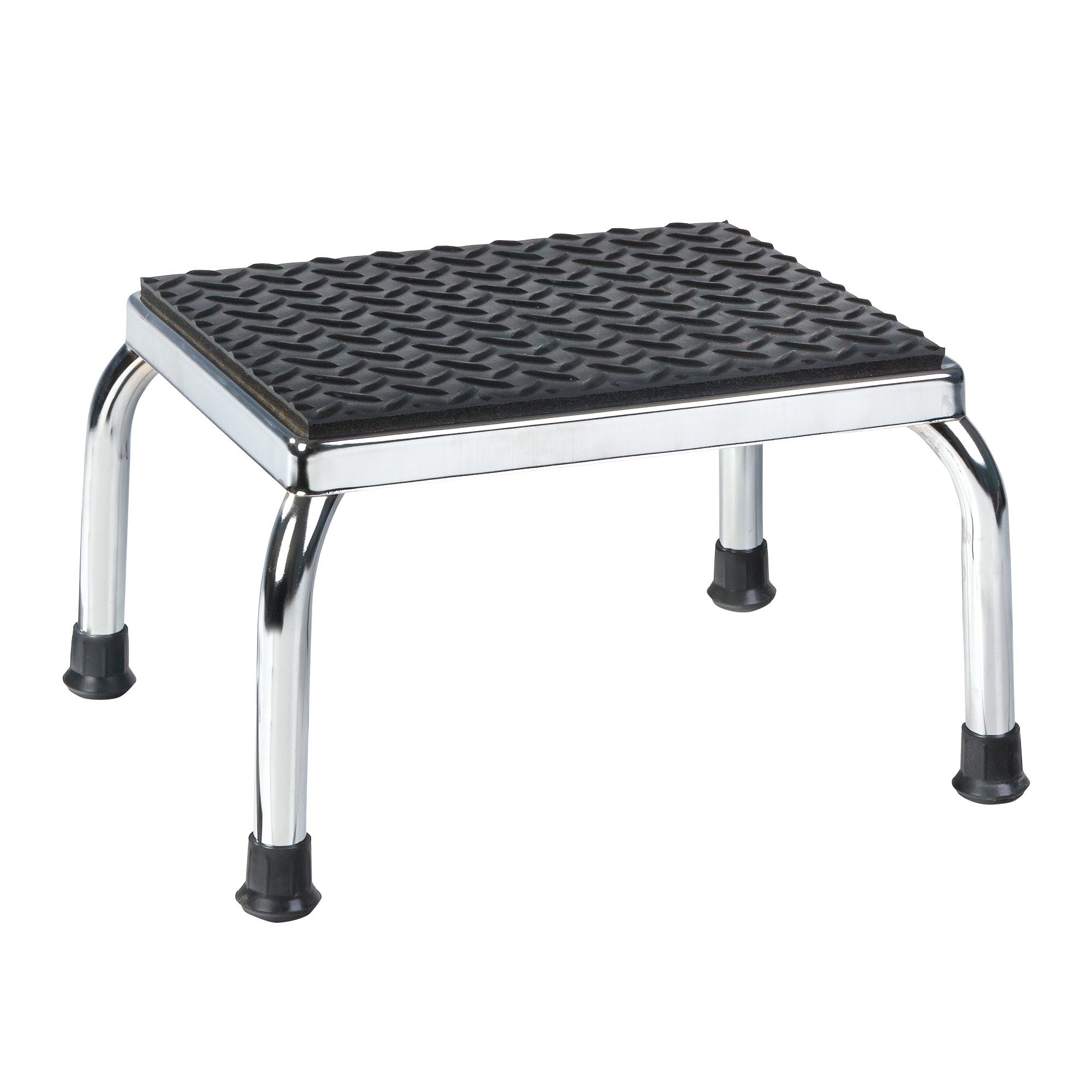 A metal AliMed Soft Step Stool with a textured black rubber top and chrome legs ending in black rubber feet for grip.