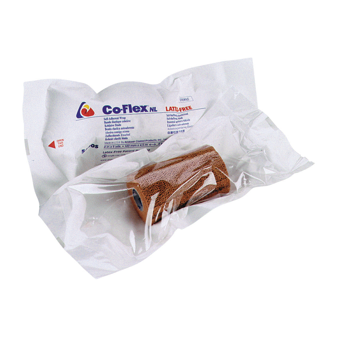 Sterile Co-Flex NL Flexible Cohesive Bandage, latex-free, wrapped in clear packaging with a label, showing a brown roll.