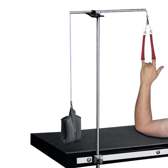 The Rycor Traction Tower is shown with an arm in red slings and weights suspended from a frame on a black base.