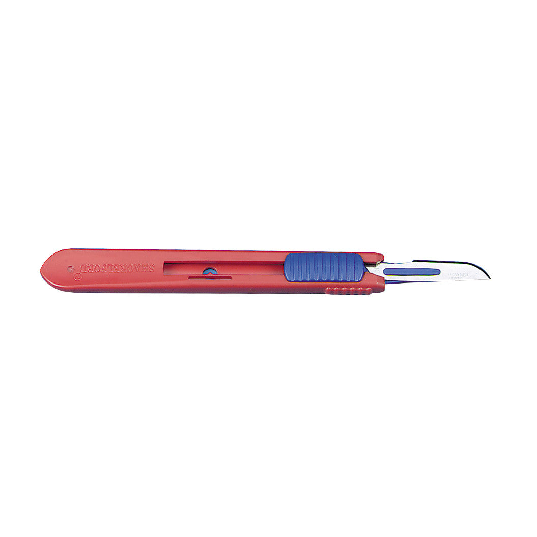 A Safety Scalpel with a red handle and retractable blade, featuring a blue grip for added control and safety.