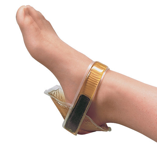 A foot wearing the AliMed AliGel Comfort Heel Cup, Pair, showcasing a gel cushion around the heel for support and comfort.