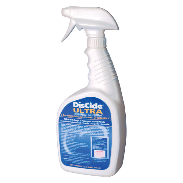 A spray bottle labeled "DisCide ULTRA Disinfectant" with a blue label detailing its disinfecting and cleaning properties.