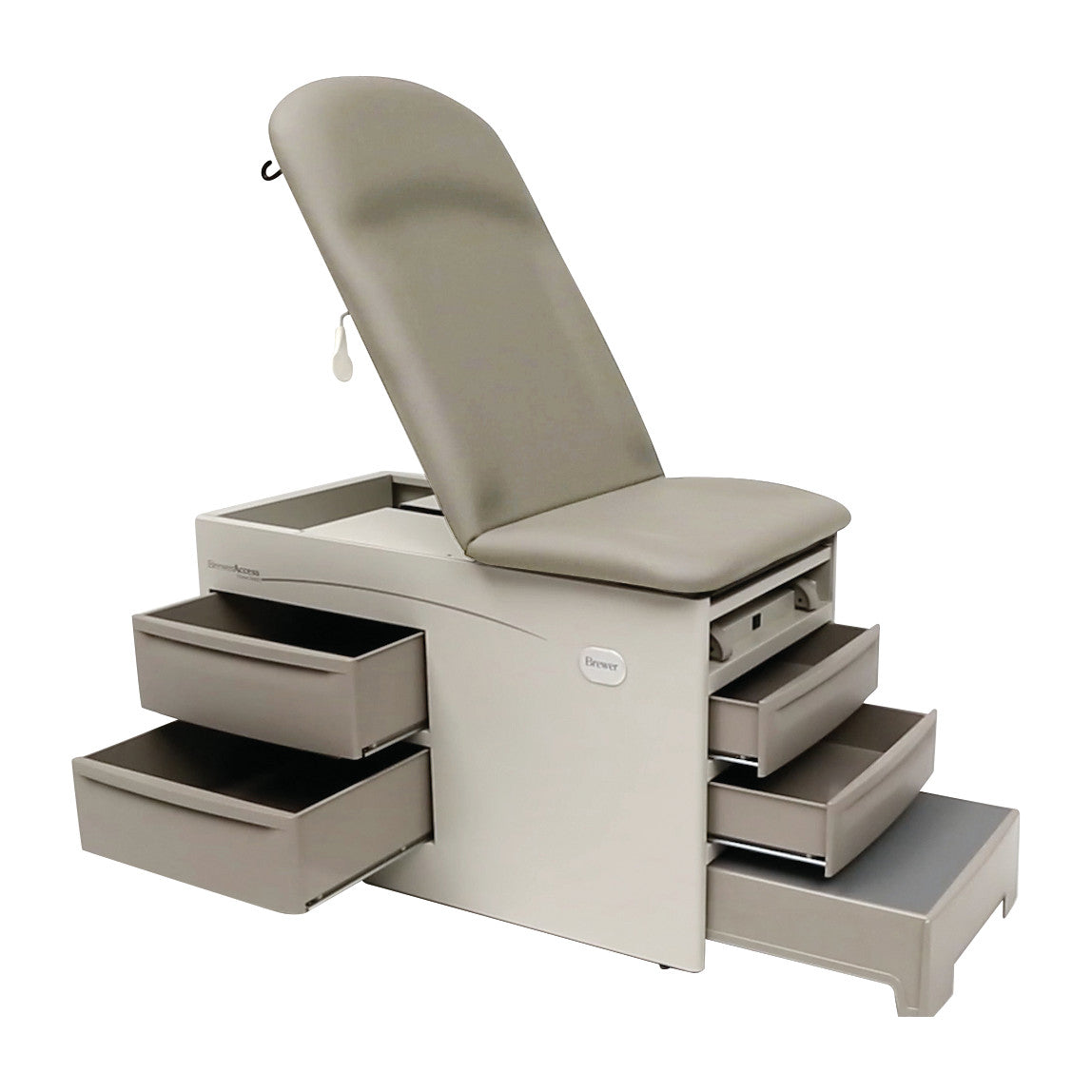 Brewer Access Exam Table with cushions, various storage drawers, and a step, designed for medical examination use.