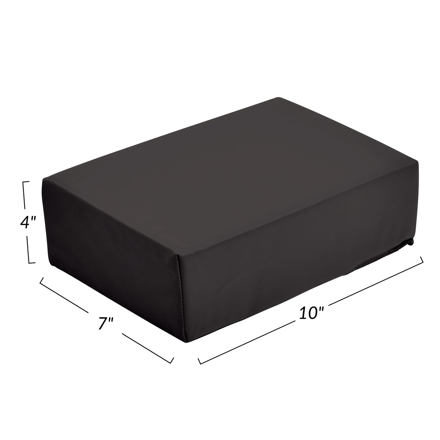 AliMed Vinyl-Covered Small Rectangle Positioner measuring 10" x 7" x 4", shown in black, with dimensions labeled on sides.