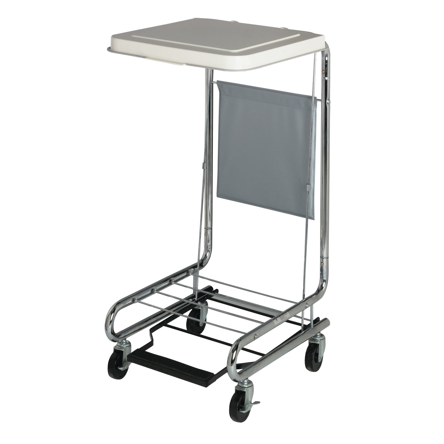 A Rectangular Hamper Stand with Metal Lid featuring a chrome frame, gray fabric side panel, and four wheels for mobility.