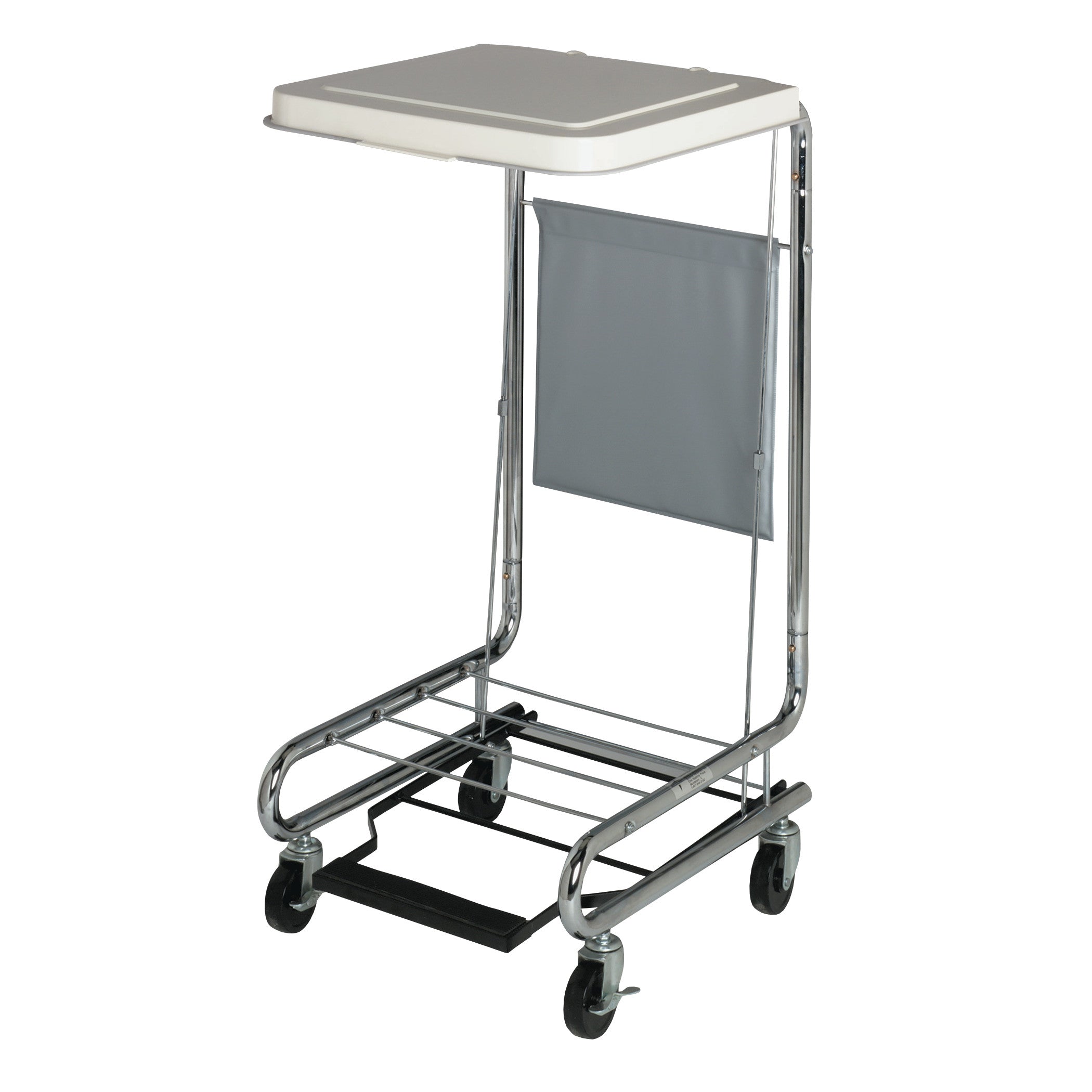 A Rectangular Hamper Stand with Metal Lid featuring a chrome frame, gray fabric side panel, and four wheels for mobility.