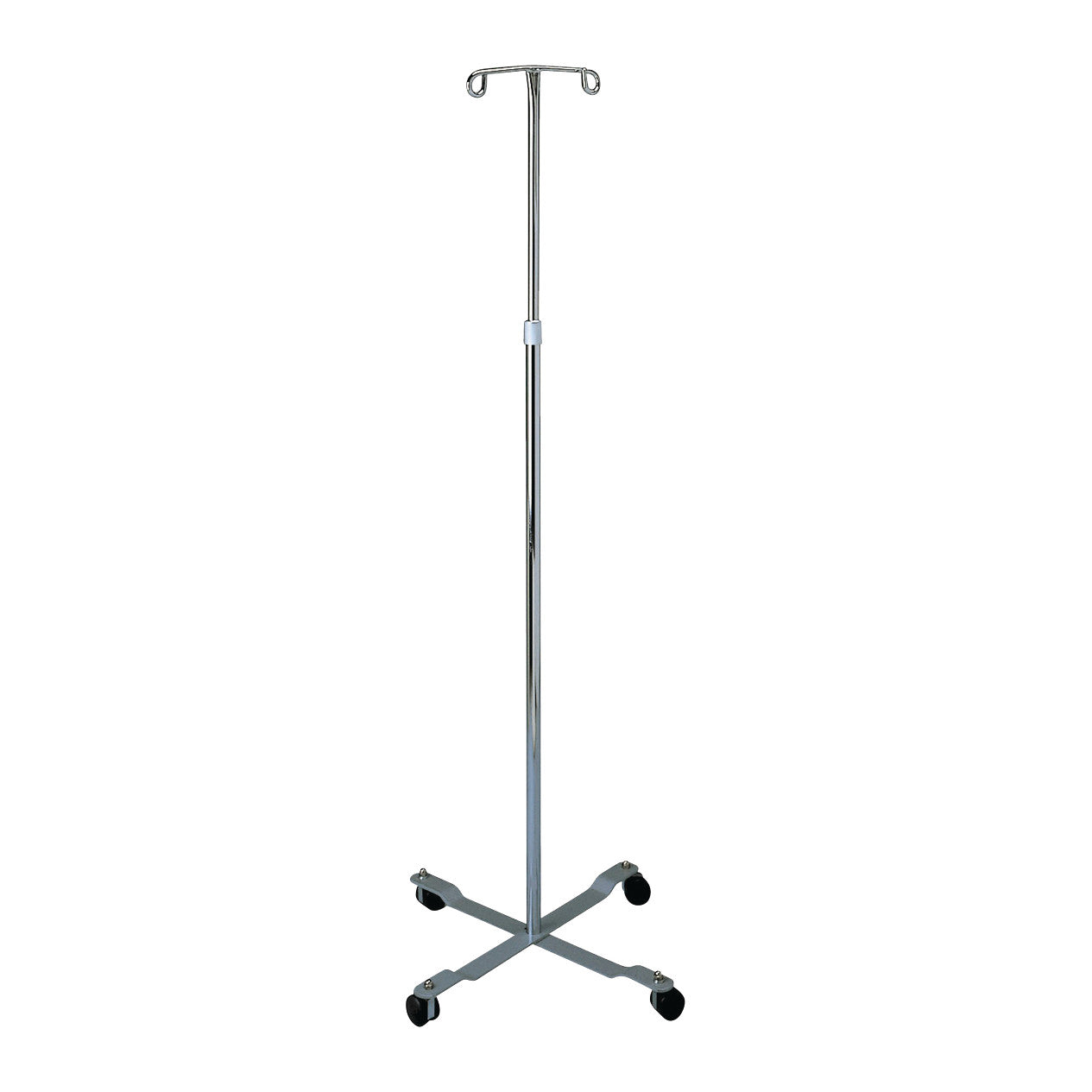 Standard Chrome Four-Leg IV Pole features a chrome finish, four legs with casters for mobility, and hooks on top for IV bags.