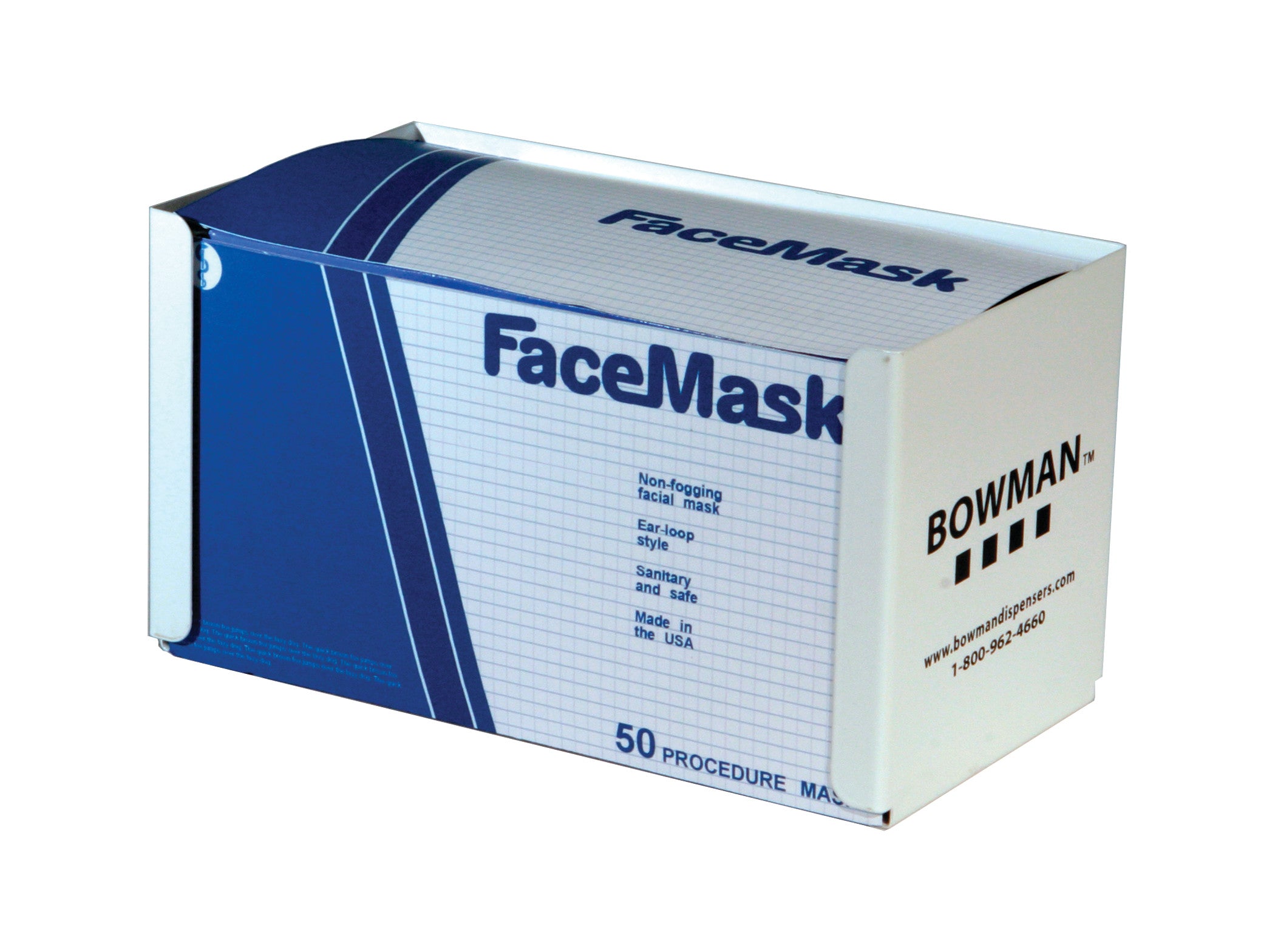Box of Bowman Universal Face Mask Dispenser, blue and white design, labeled as non-fogging and ear-loop style, contains 50 masks.