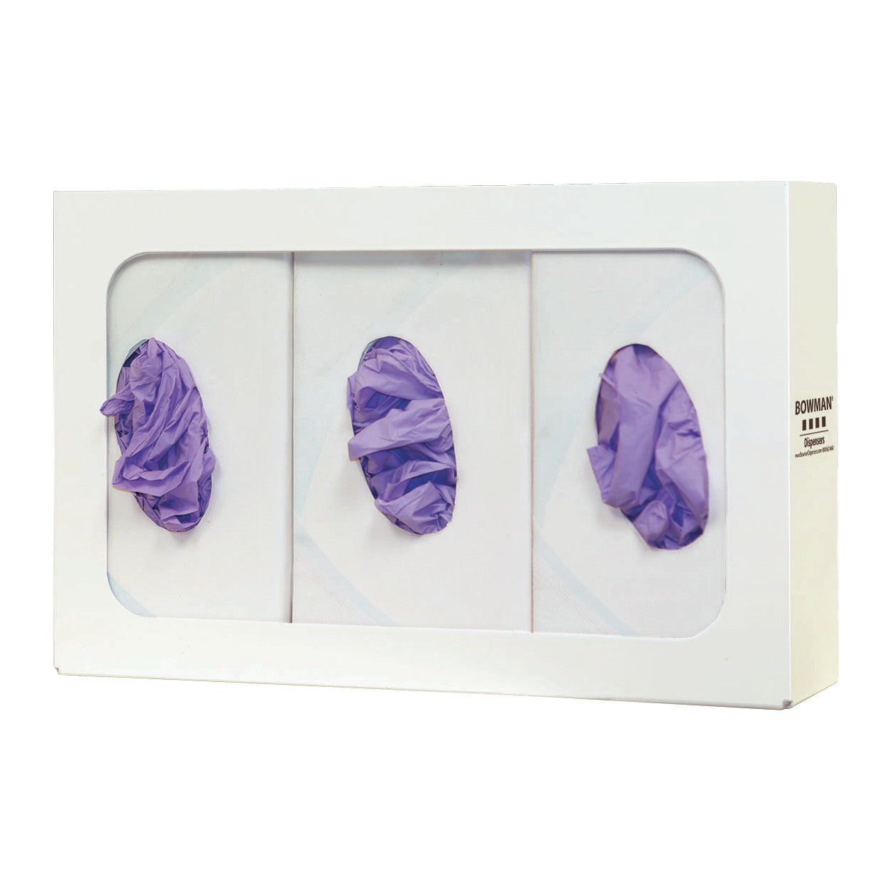 White Bowman Basic Glove Box Dispenser holding three compartments with purple gloves partially visible through oval openings.