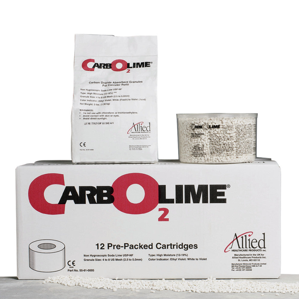 Packaging for CARBOLIME Carbon Dioxide Absorber includes a box, bag, and container with granules. Text and logos are visible.