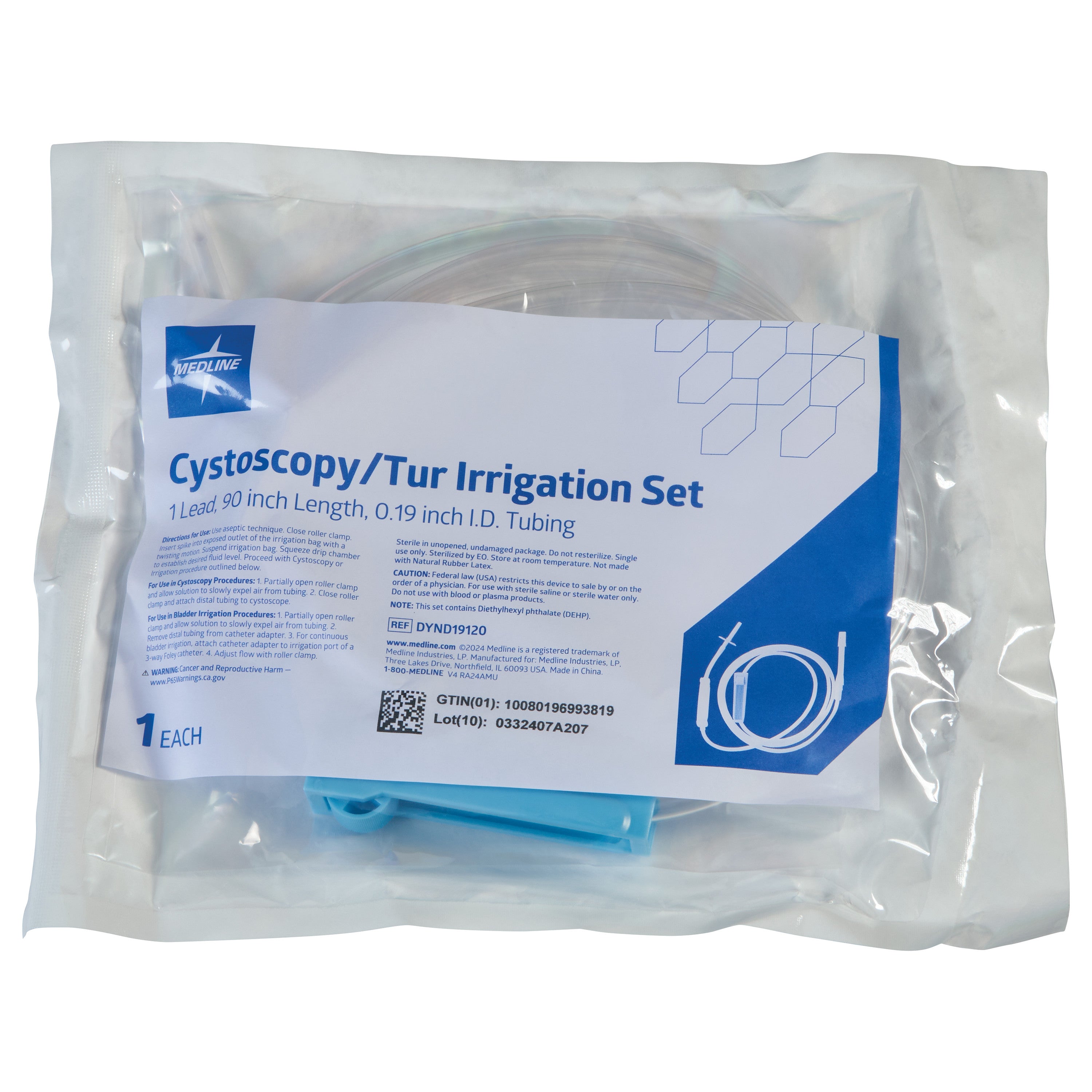 Sealed package of a Cysto/Irrigation Tubing Set, featuring 90-inch tubing. The label provides details and specifications.