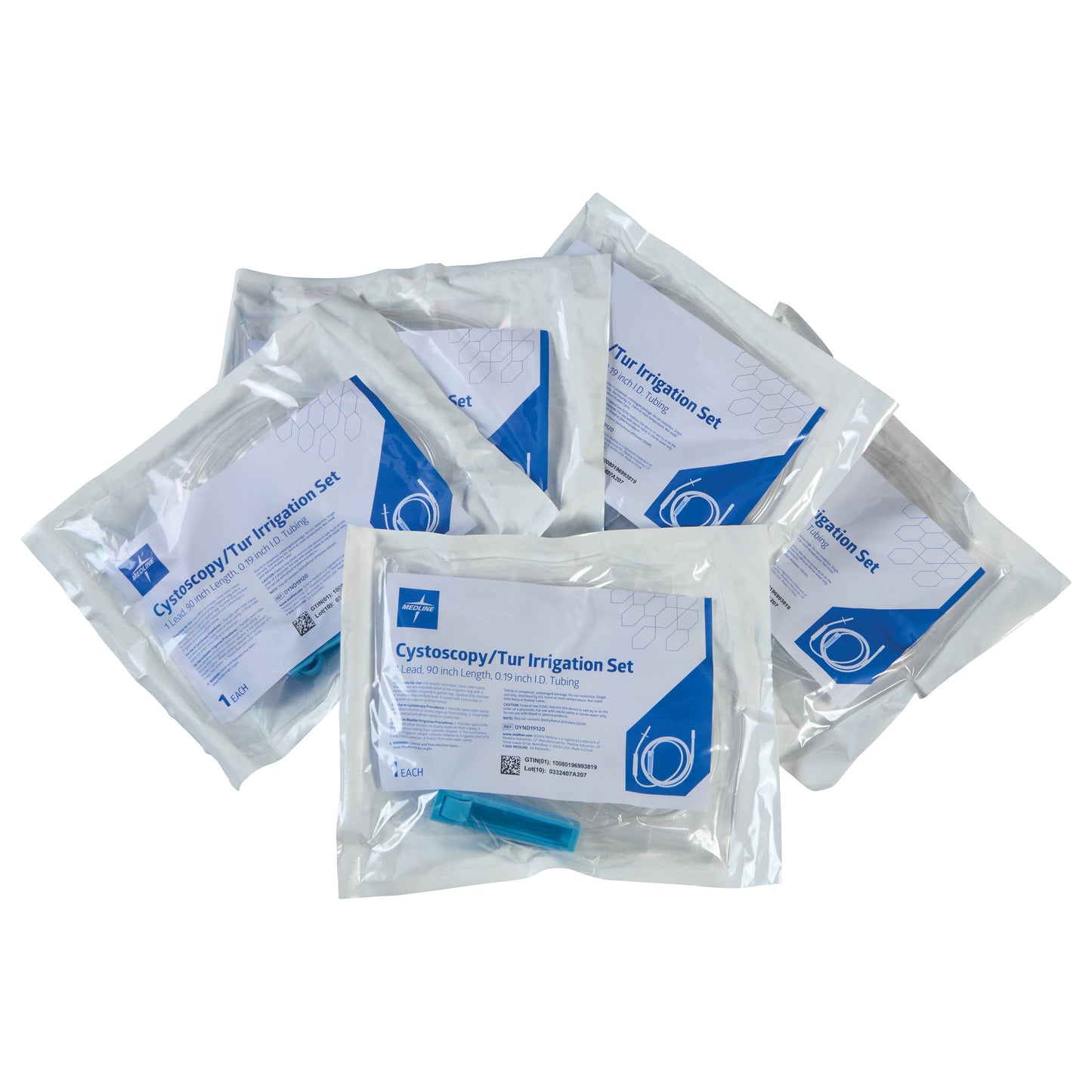 Five packages of Cysto/Irrigation Tubing Set are shown. Each package is sealed and labeled for medical use.
