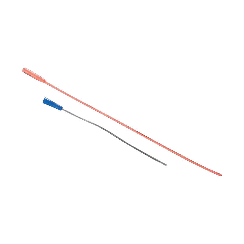Two All-Purpose Intermittent Catheters in red and gray with blue and red connectors shown on a white background.