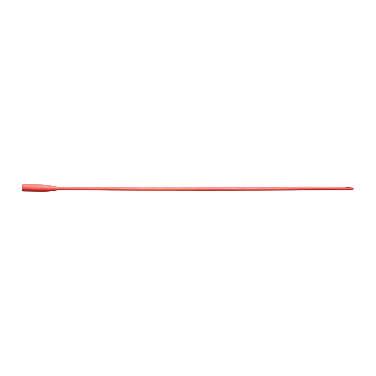 A Red Rubber Latex All-Purpose Intermittent Catheter, featuring a long, narrow, red tube with a slightly wider grip at one end.