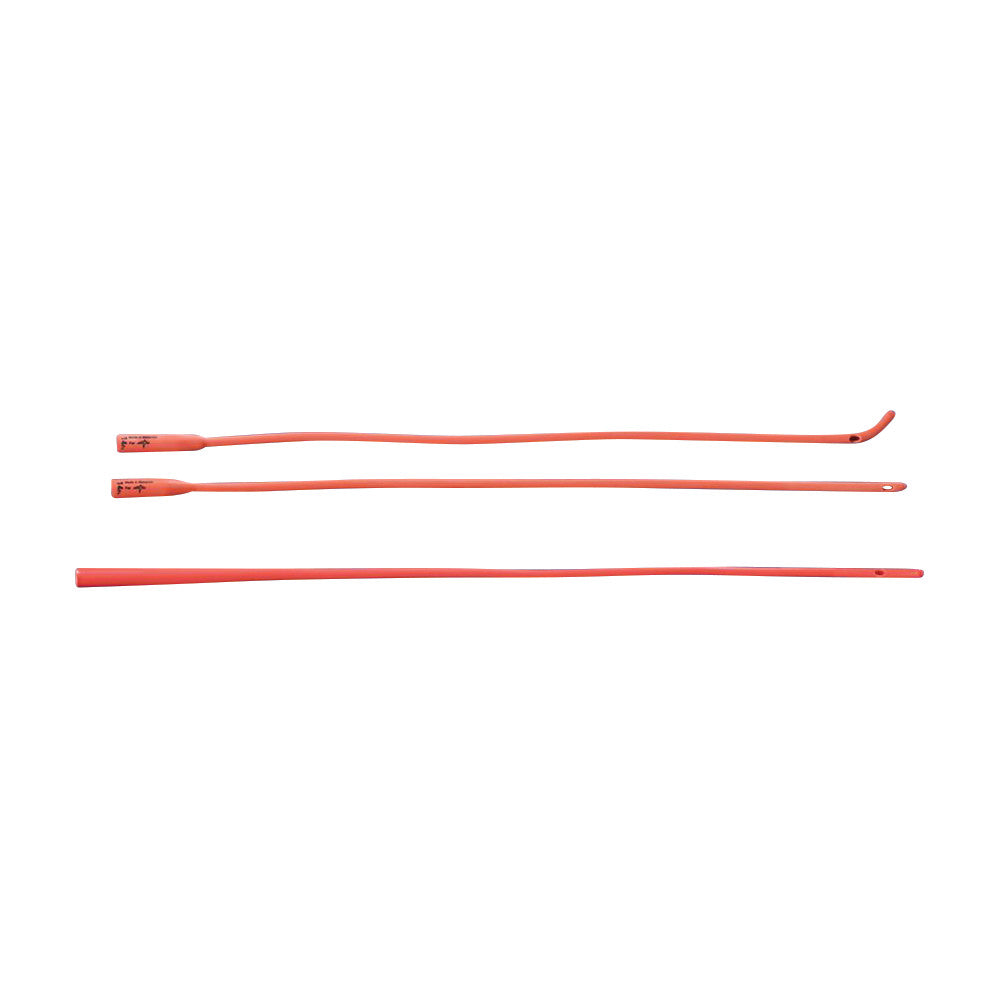 Three Red Rubber Latex Urethral Intermittent Catheters are shown, each with a similar design and slight variations in shape.