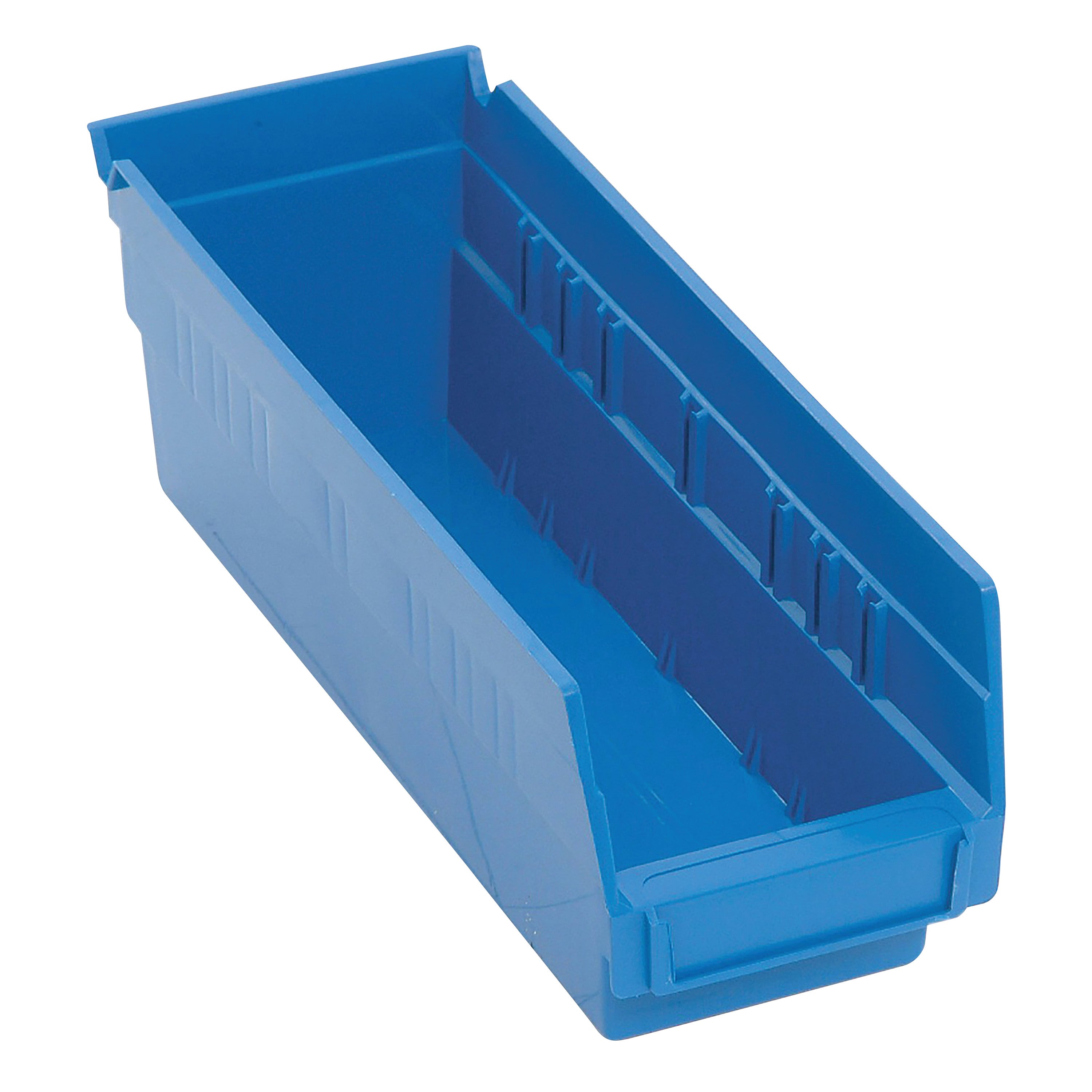 A blue Quantum Economy Shelf Bin with a front label slot and open top, designed for organizing and storing small items.