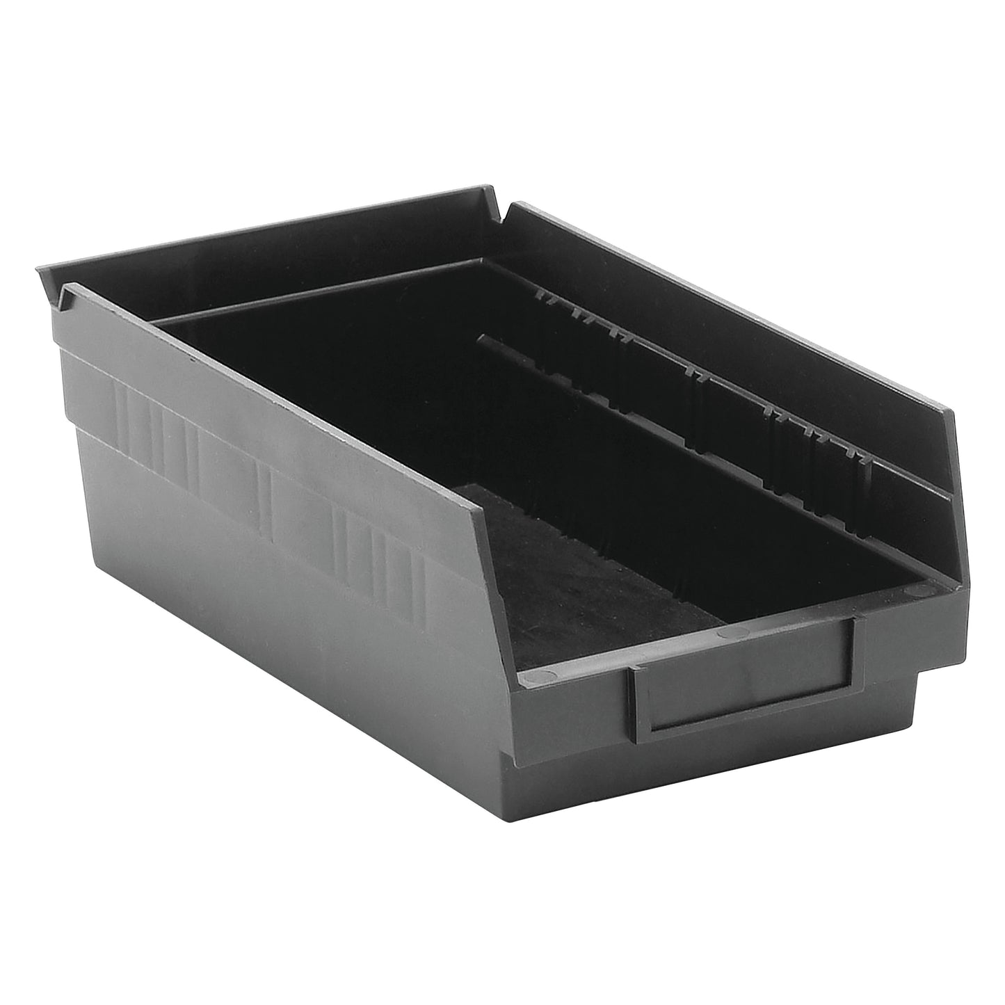 A black Quantum Economy Shelf Bin with a sloped front opening for easy access, designed for organizing and storing items.