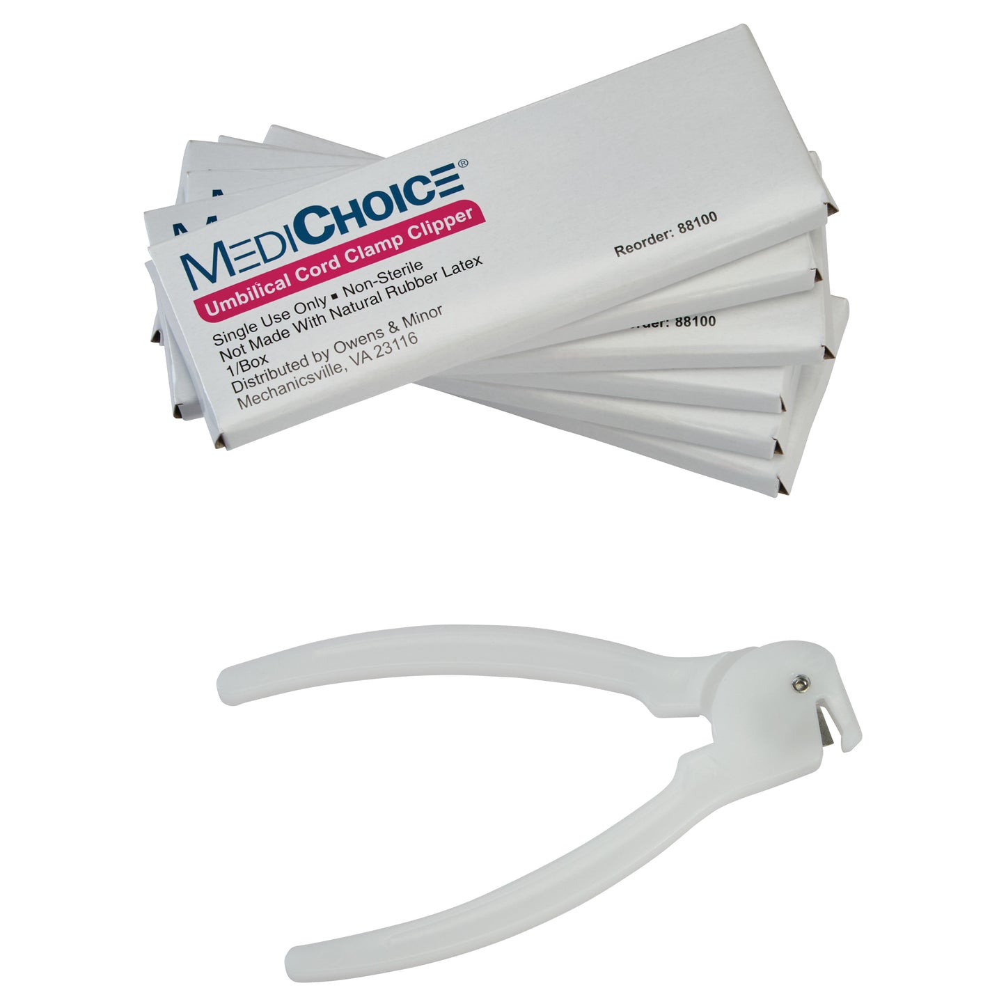 Umbilical Cord Clippers with white handles are shown beside stacked packaging labeled "MEDIChoice Umbilical Cord Clamp Clipper."