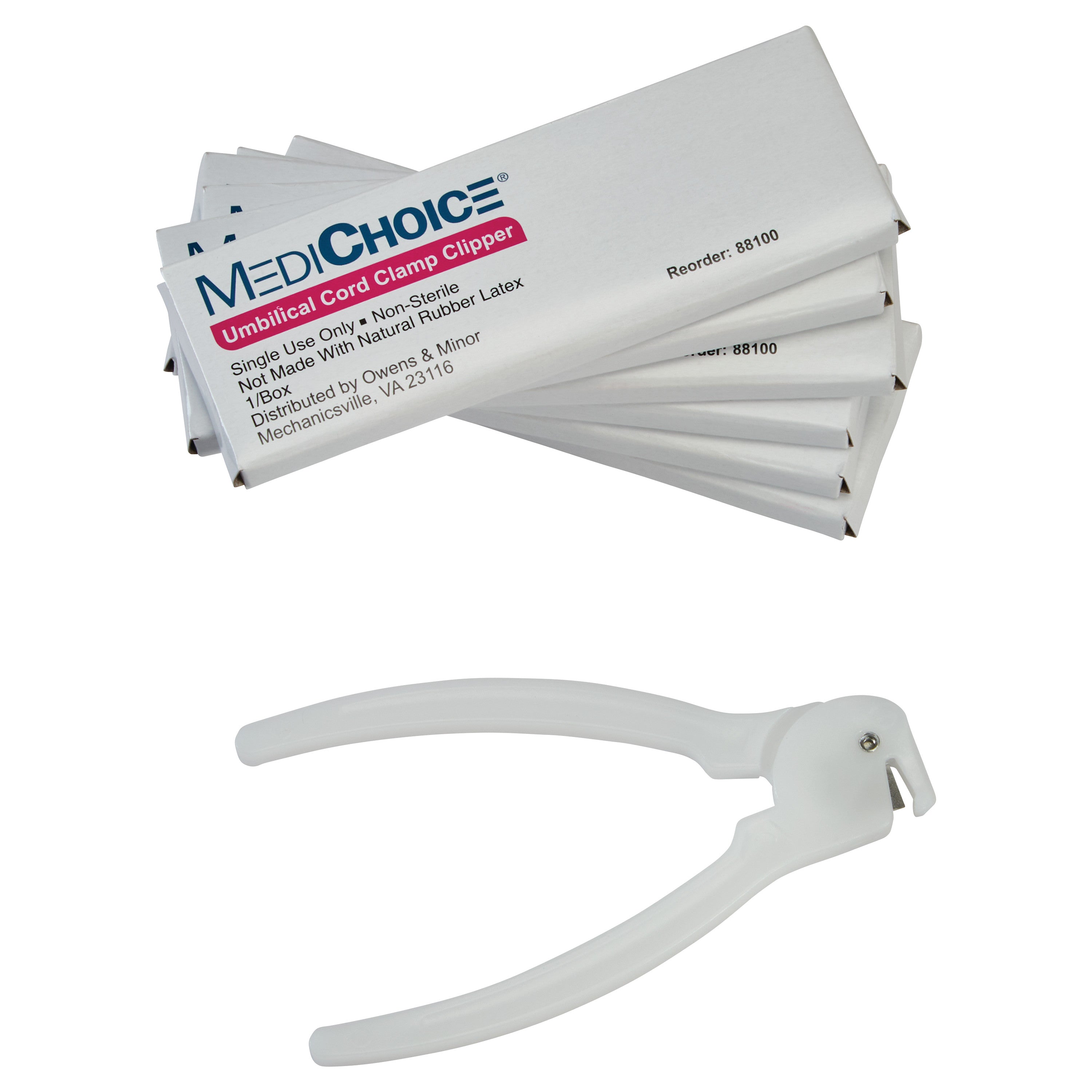 Umbilical Cord Clippers with white handles are shown beside stacked packaging labeled "MEDIChoice Umbilical Cord Clamp Clipper."