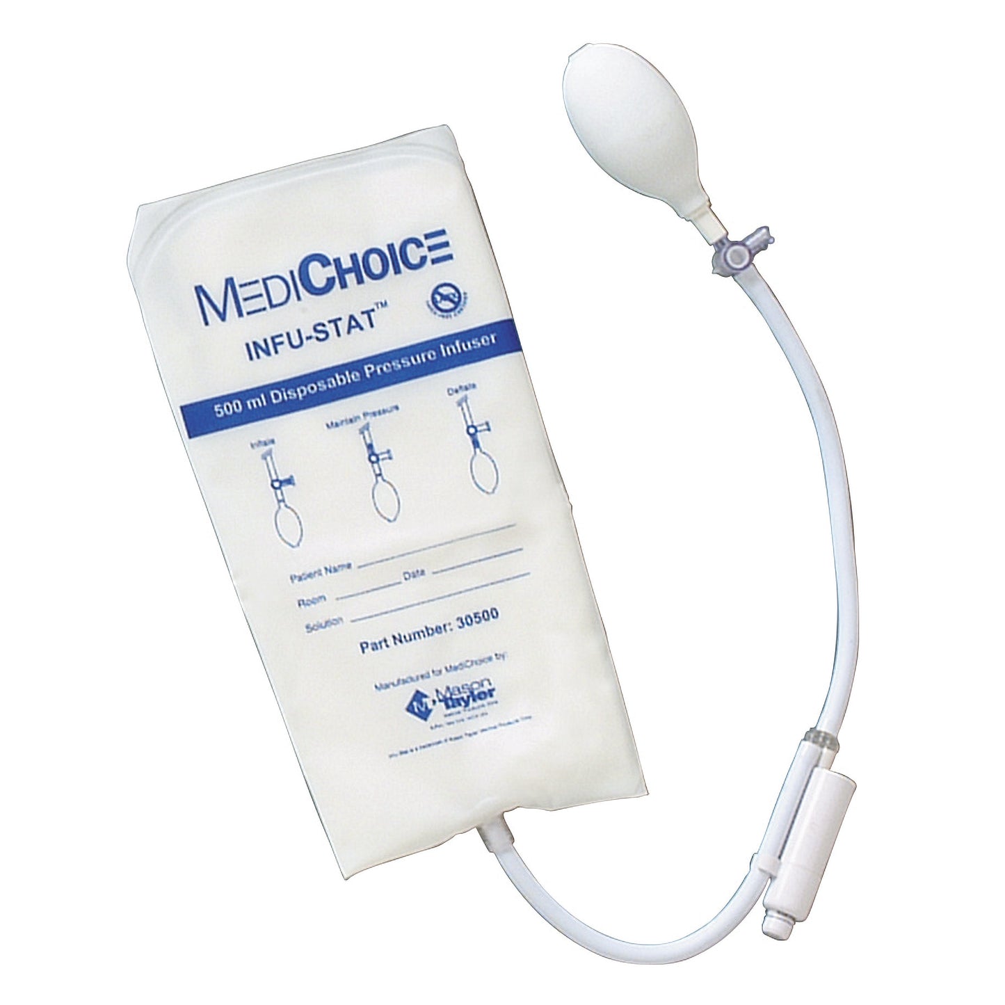 MediChoice INFU-STAT 500 ml Pressure Infuser Bag with attached inflation bulb and tubing, used for controlled fluid infusion.