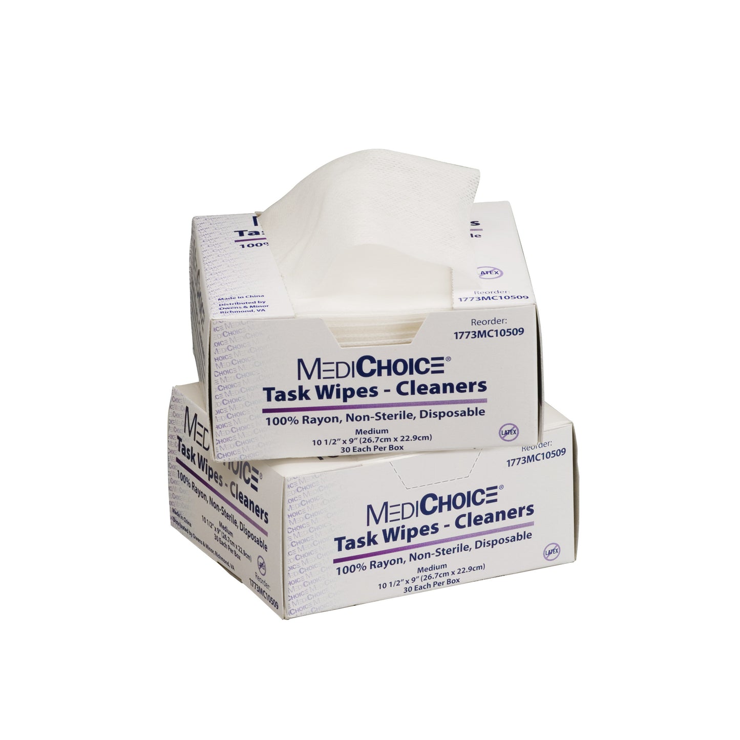 Two boxes of MediChoice Task Wipes/Cleaners are shown, with an open box revealing white disposable wipes.