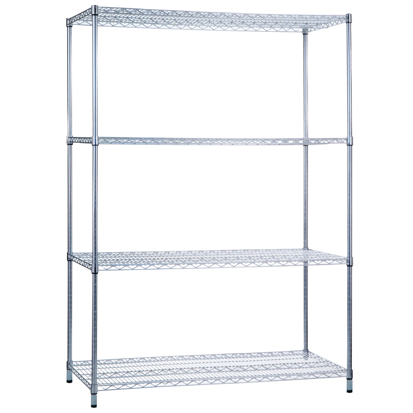 Metal wire shelving with four adjustable shelves on a sturdy frame, branded as "Wire Shelving."