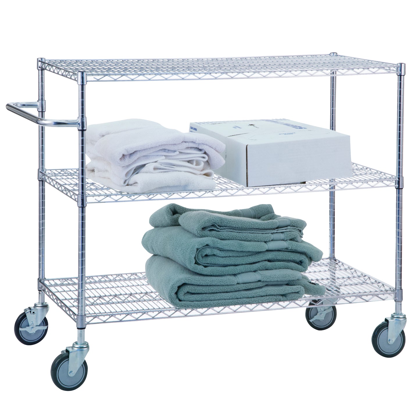 A 3-Shelf Chrome Utility Cart holds folded towels and a box, featuring wire shelves and four wheels for easy movement.