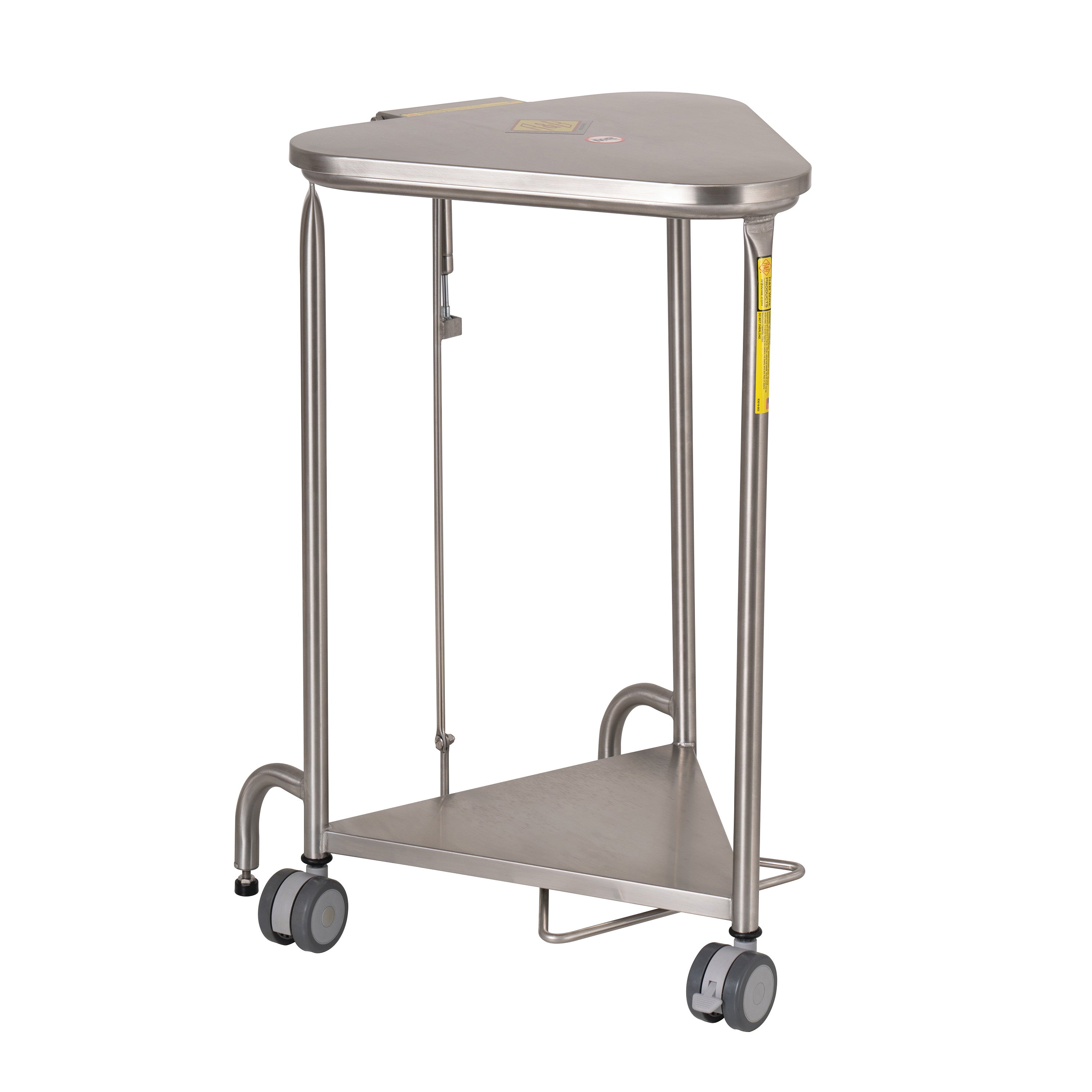 Stainless Steel Triangular Hamper with Lid features a triangular shape, a flat lid, and four caster wheels for mobility.