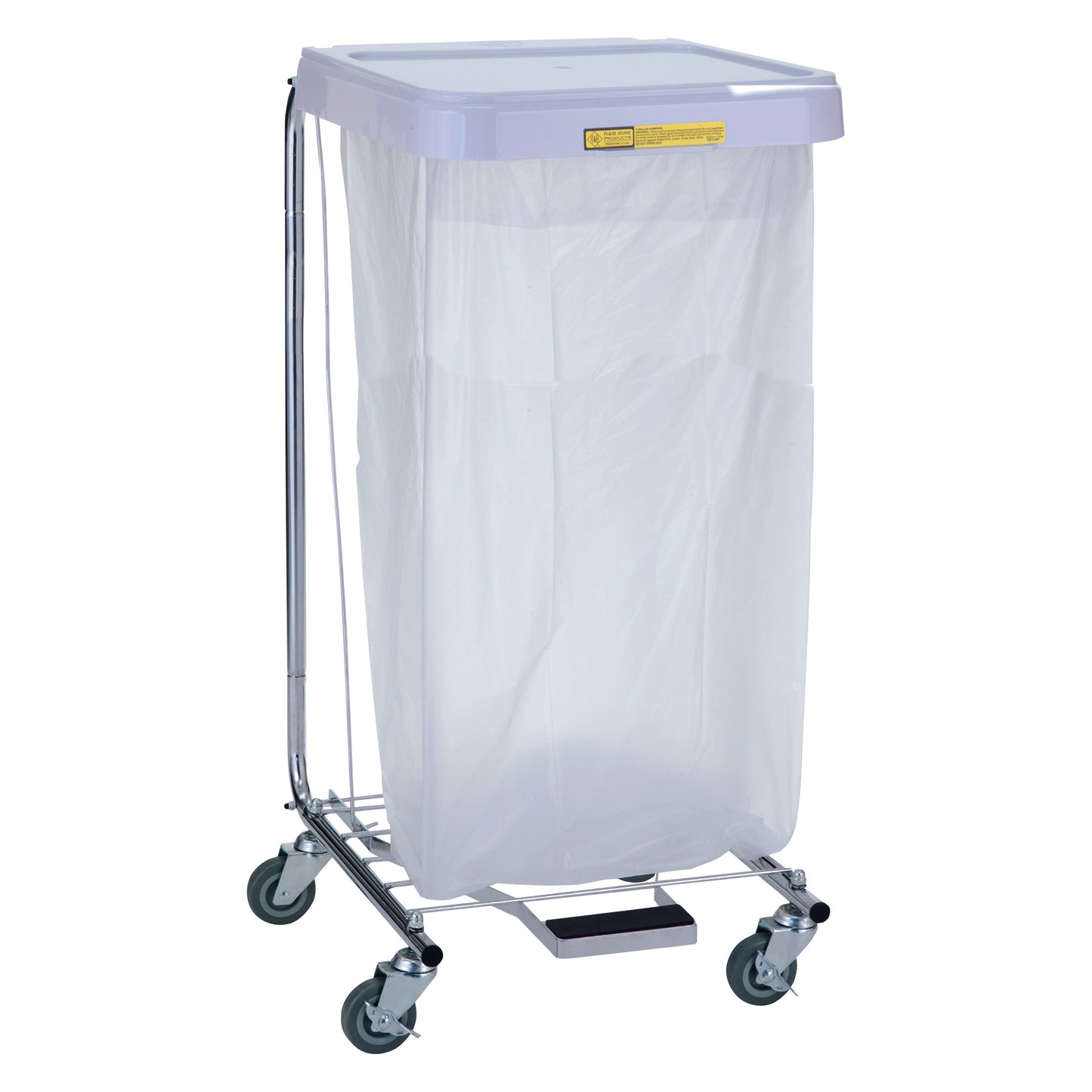 Medium-Duty Hamper with Foot Pedal, featuring a metal frame, wheels, and a white bag, with a foot pedal for hands-free operation.