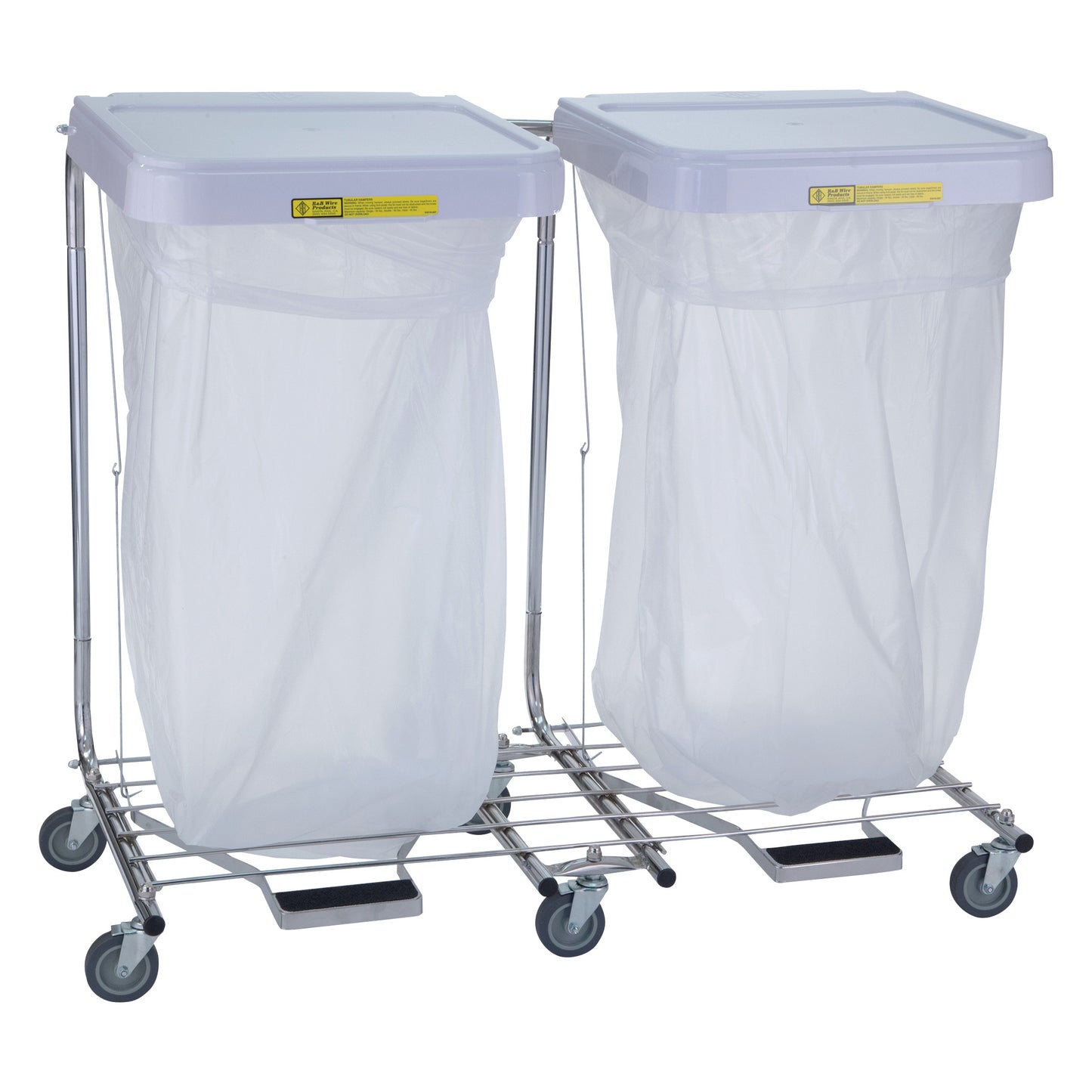 The Medium-Duty Hamper with Foot Pedal features two compartments, white lids, clear bags, and four wheels for easy mobility.