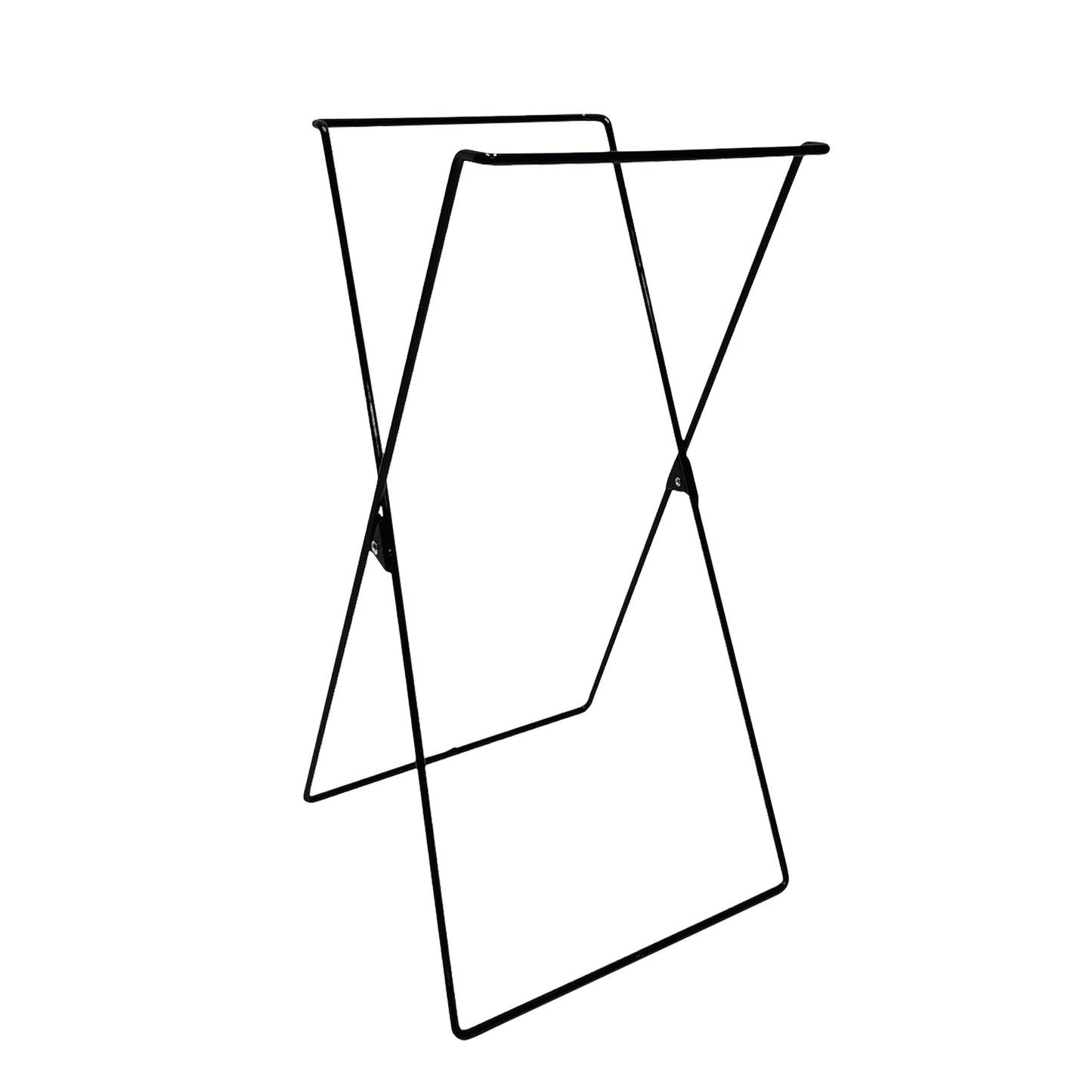 Stationary X-Frame Wire Hamper with a black metal frame, featuring an open, foldable design, viewed against a white background.