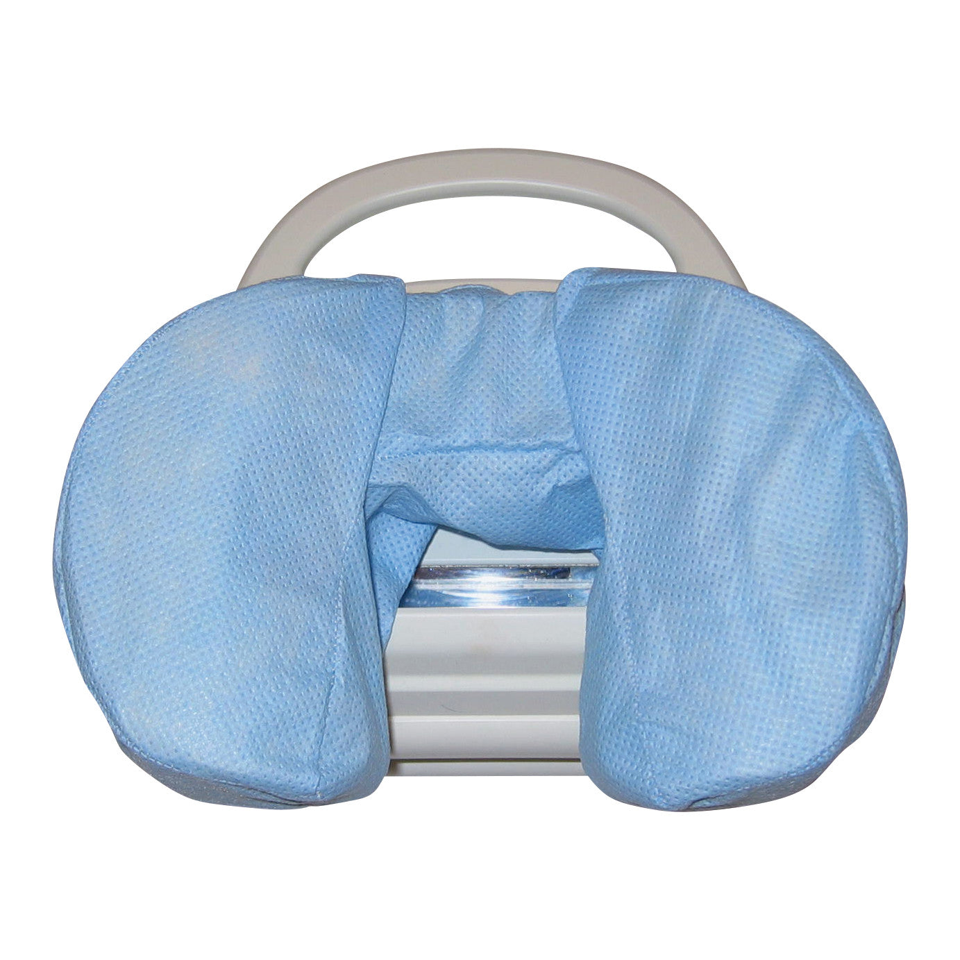 A Disposable Headrest Cover in blue fabric is shown on a massage table headrest.