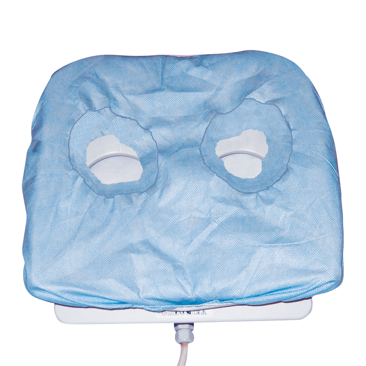 A blue Disposable Breast Coil Cover with two cut-out sections, designed to fit over medical equipment.