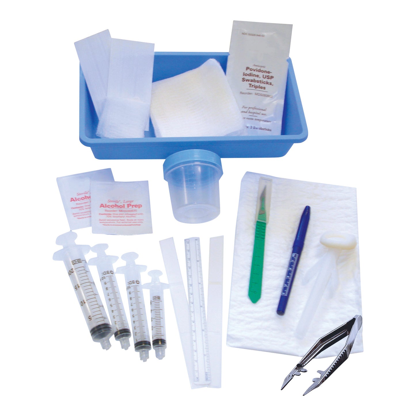 MRI Breast Biopsy Disposable Sterile Kit with syringes, swabs, measuring tools, and surgical instruments laid out on a blue tray.