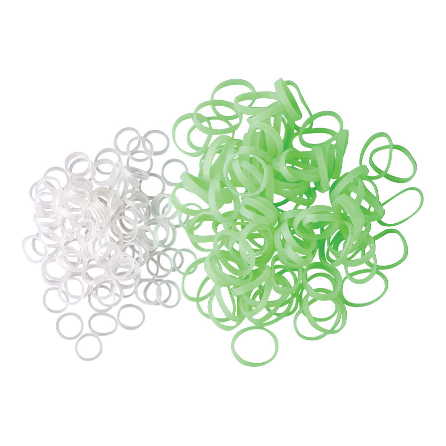 A pile of white and green elastic bands labeled "Elastic for Probe Covers."