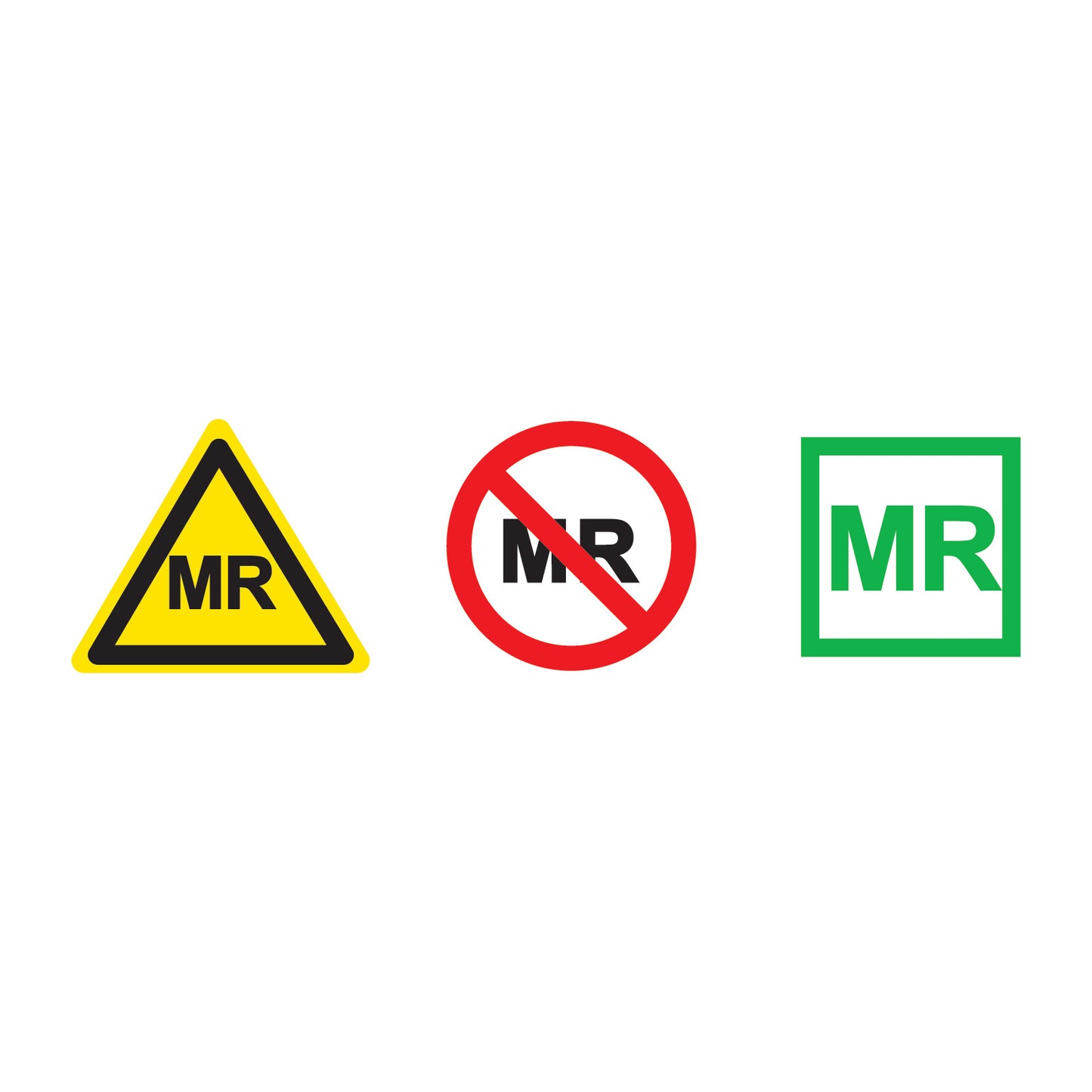 Three ASTM Label signs: yellow triangle with "MR," red circle with slash over "MR," and green square with "MR."