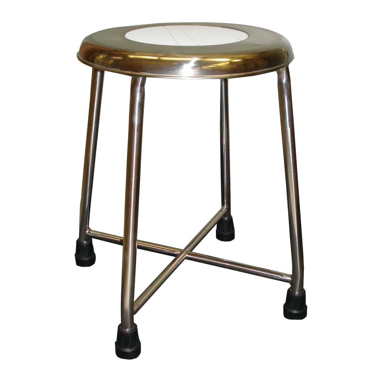 A Fixed Height Stool with a round metal seat and sturdy metal legs, connected by crossbars, featuring rubber foot caps.