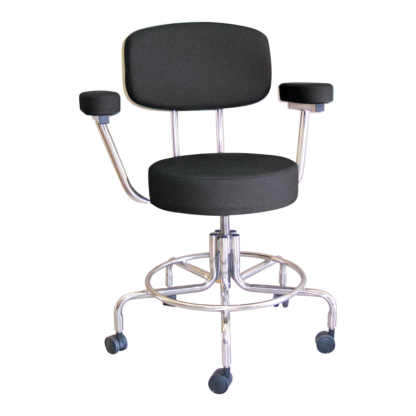 The MRI Adjustable Chair features a black cushioned seat and backrest, chrome frame, armrests, and rolling casters for mobility.