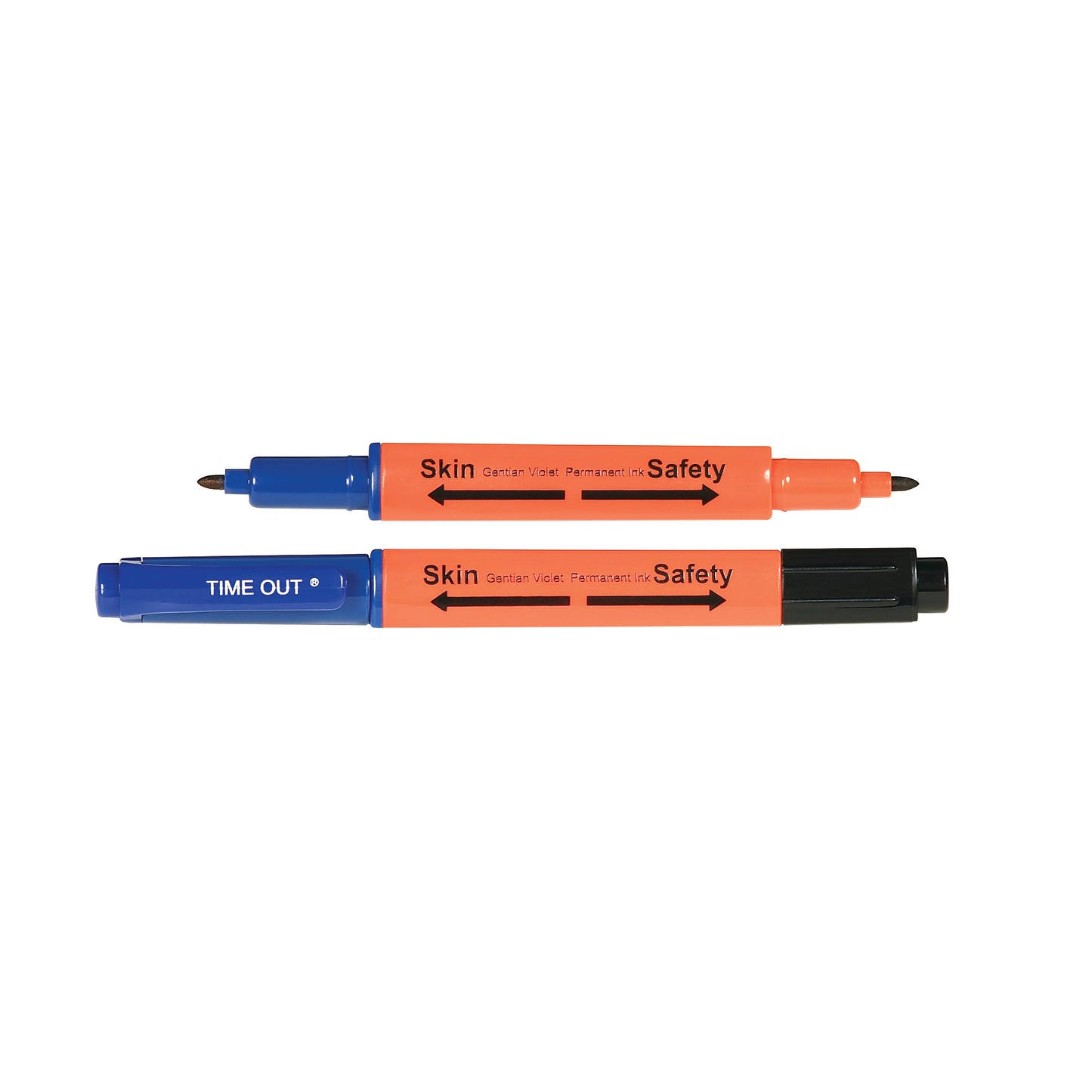 Two SANDEL TIME OUT 2-in-1 Markers, one with blue and black caps, lie side by side, displaying "Skin" and "Safety" labels.