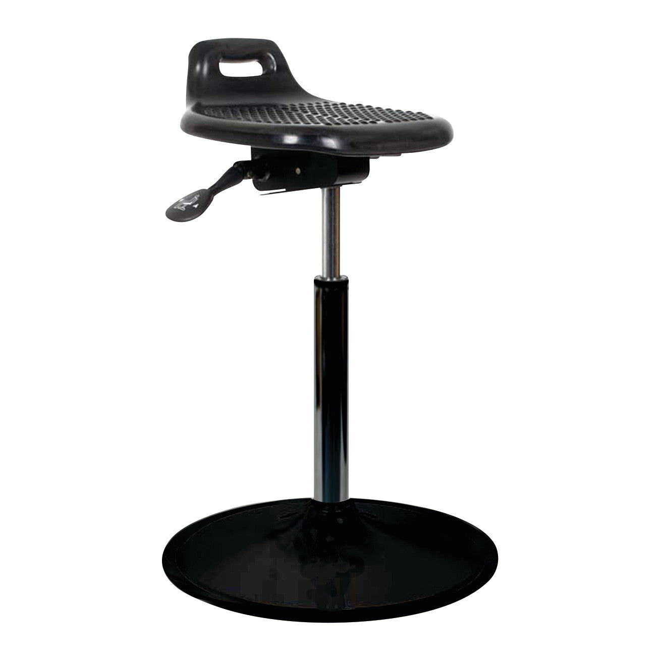 The Sandel Sit-Stand Stool is black with a perforated seat, adjustable height lever, and a round base.