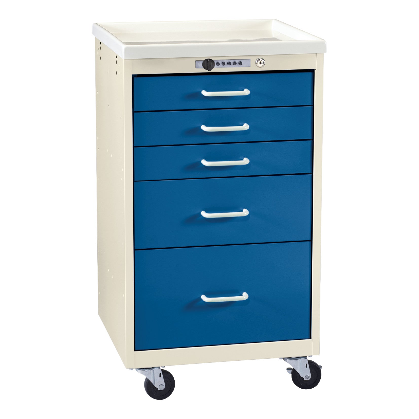 AliMed Mini Series 5-Drawer Anesthesia/Procedure Cart with Push-Button Lock, featuring blue drawers and swivel casters.
