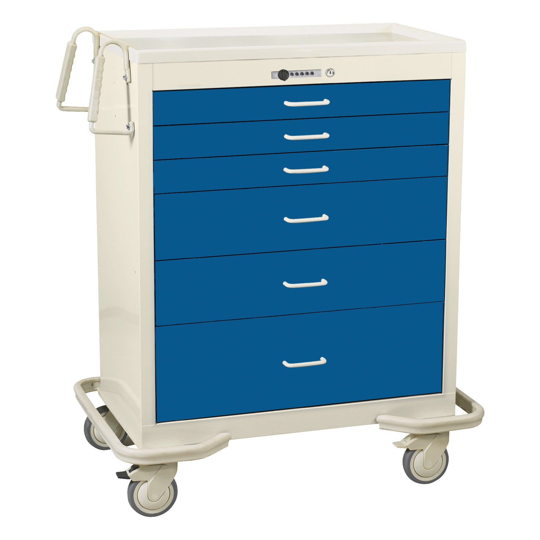 This is the AliMed Wide Series 6-Drawer Anesthesia/Procedure Cart with a push-button lock, featuring blue drawers and wheels.