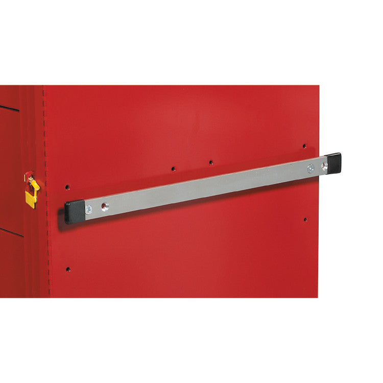 Red cart with an AliMed Cart Accessory: Accessory Bar Bracket, designed for Mini/Standard/Wide Series Medical Carts, attached.