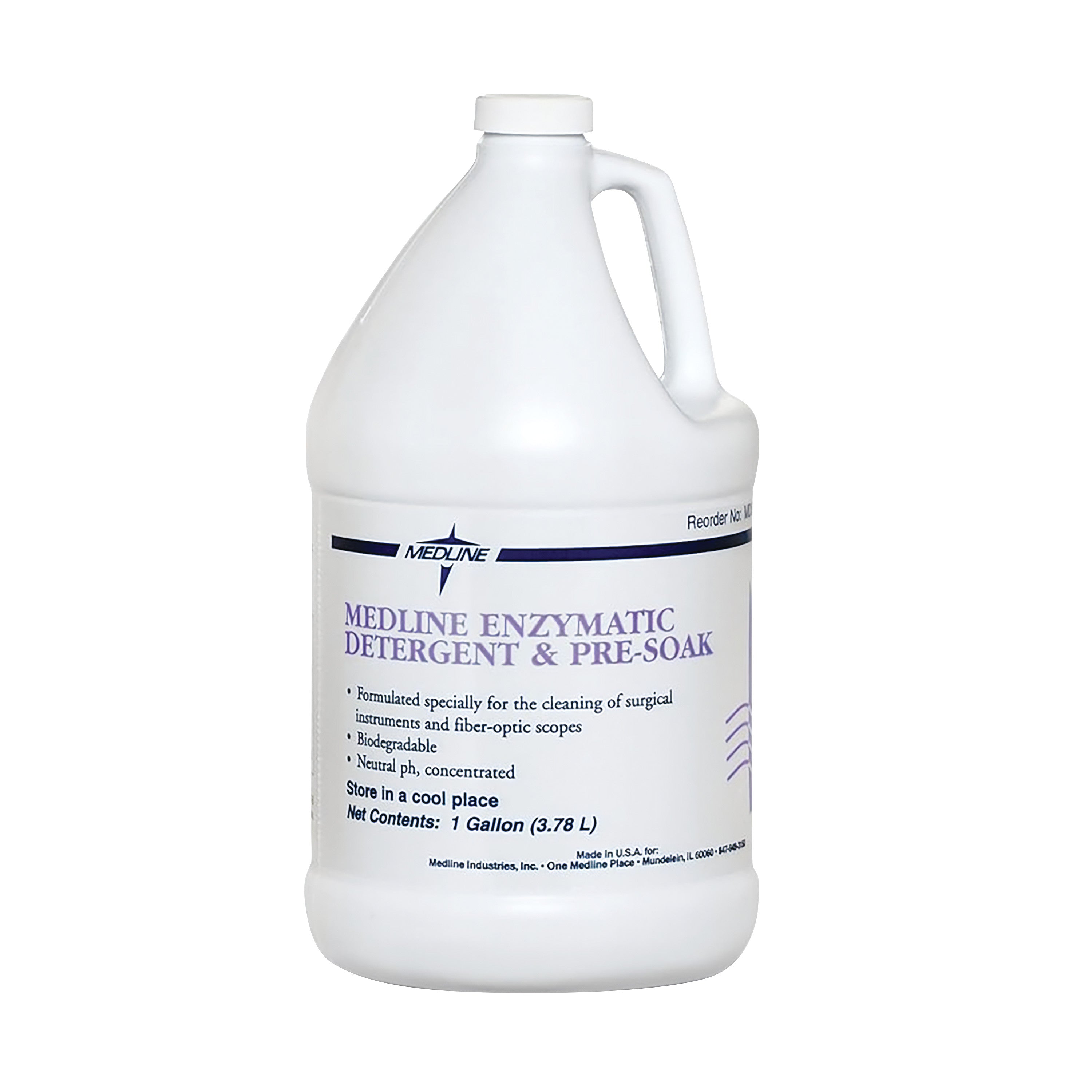 A gallon jug of Medline Enzymatic Detergent and Presoak, for cleaning surgical instruments, with a white label and purple text.