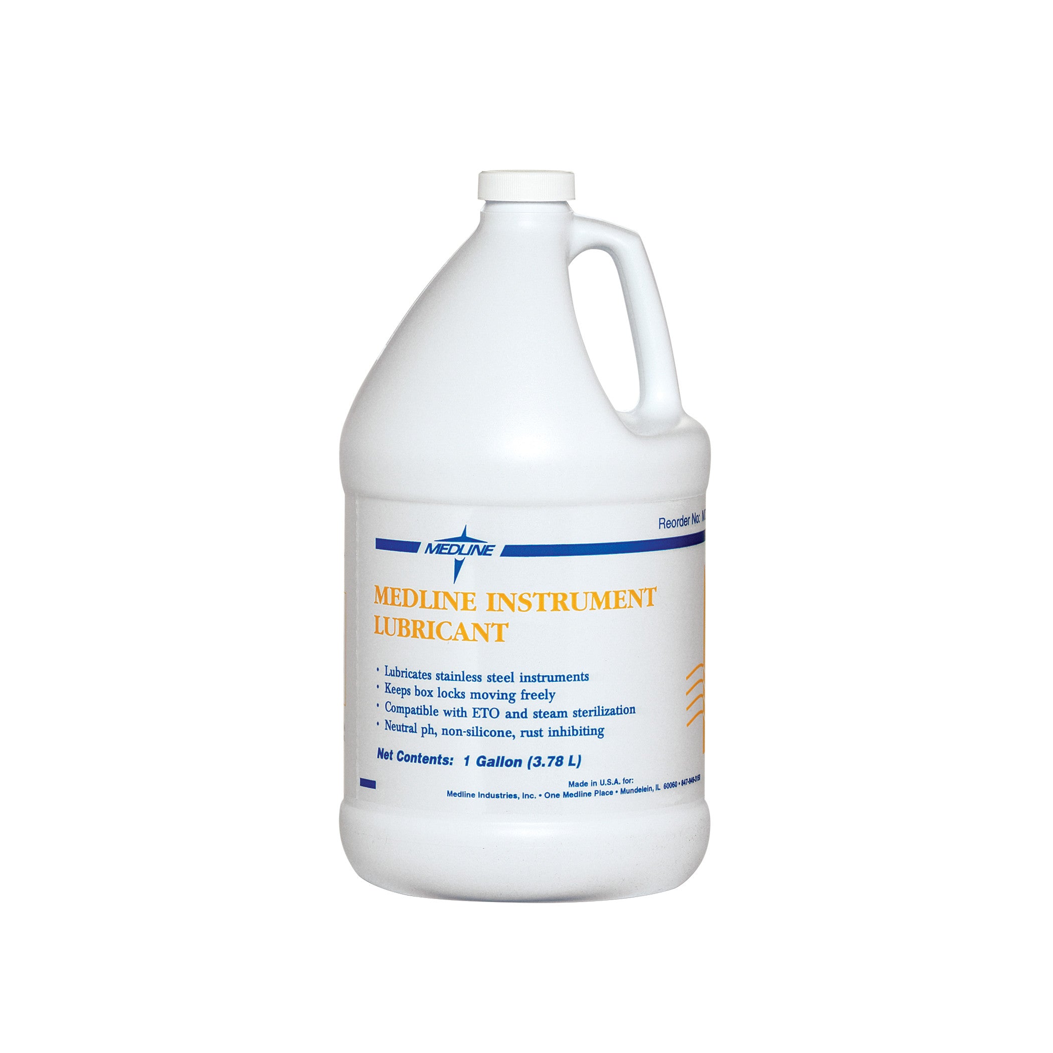 White gallon jug labeled "Medline Instrument Lubricant" with product details and company logo in blue and orange text.