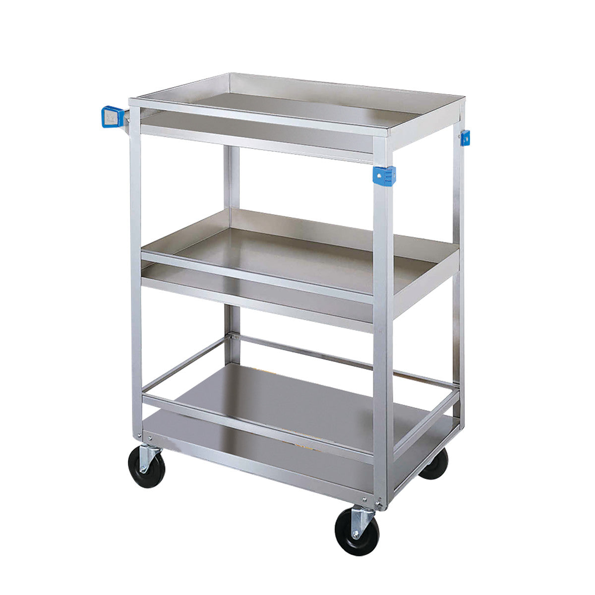 AliMed Stainless Steel Utility Cart with Guard Rails. Features three shelves, blue corner guards, and four caster wheels.