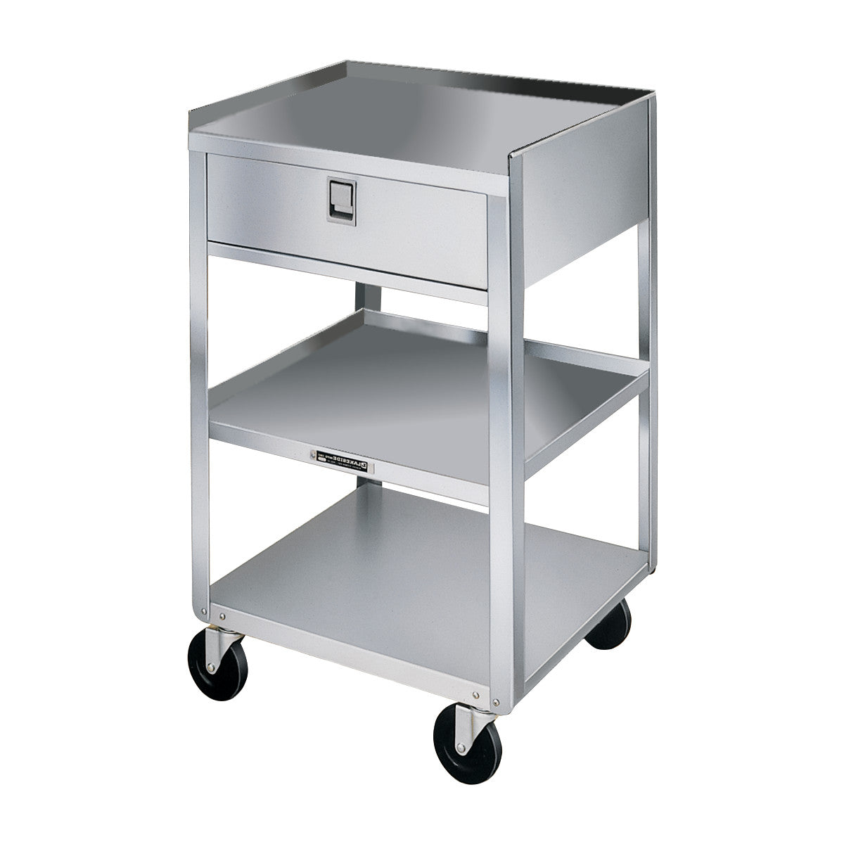 AliMed Stainless Steel Equipment Stand with one drawer, two shelves, and four wheels. It has a sleek, metallic design.